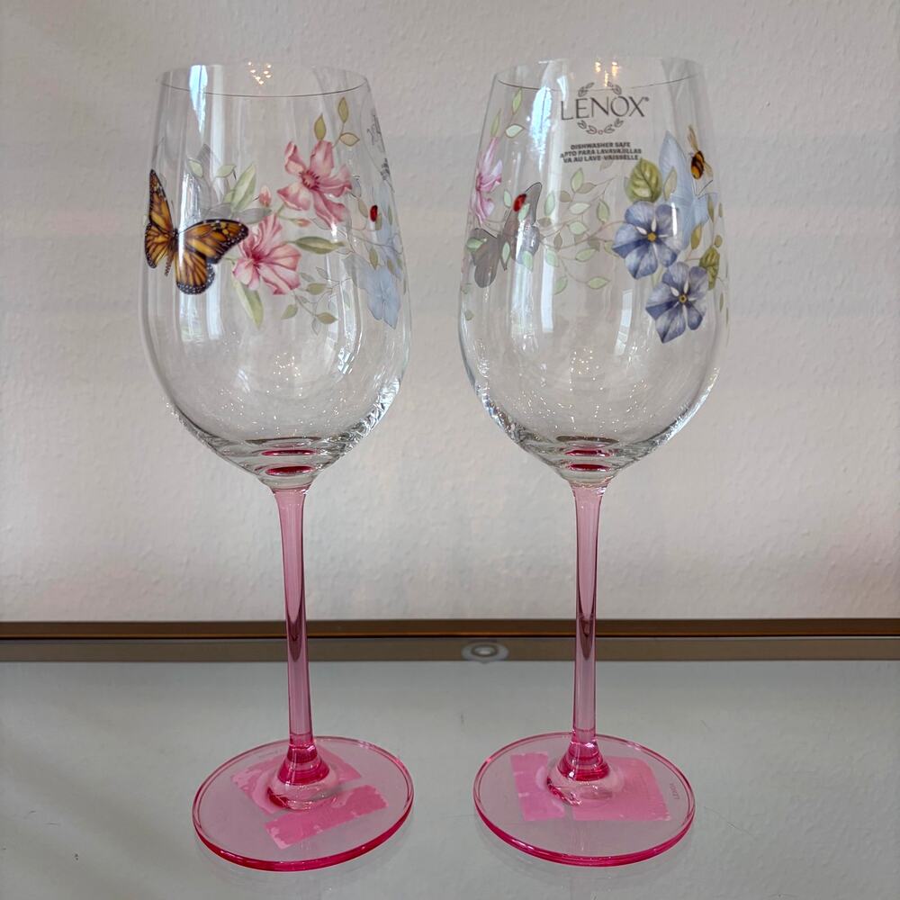 Lenox Butterfly Meadow Wine Glass Set of 2 Pink Stem Spring Floral Barware NEW